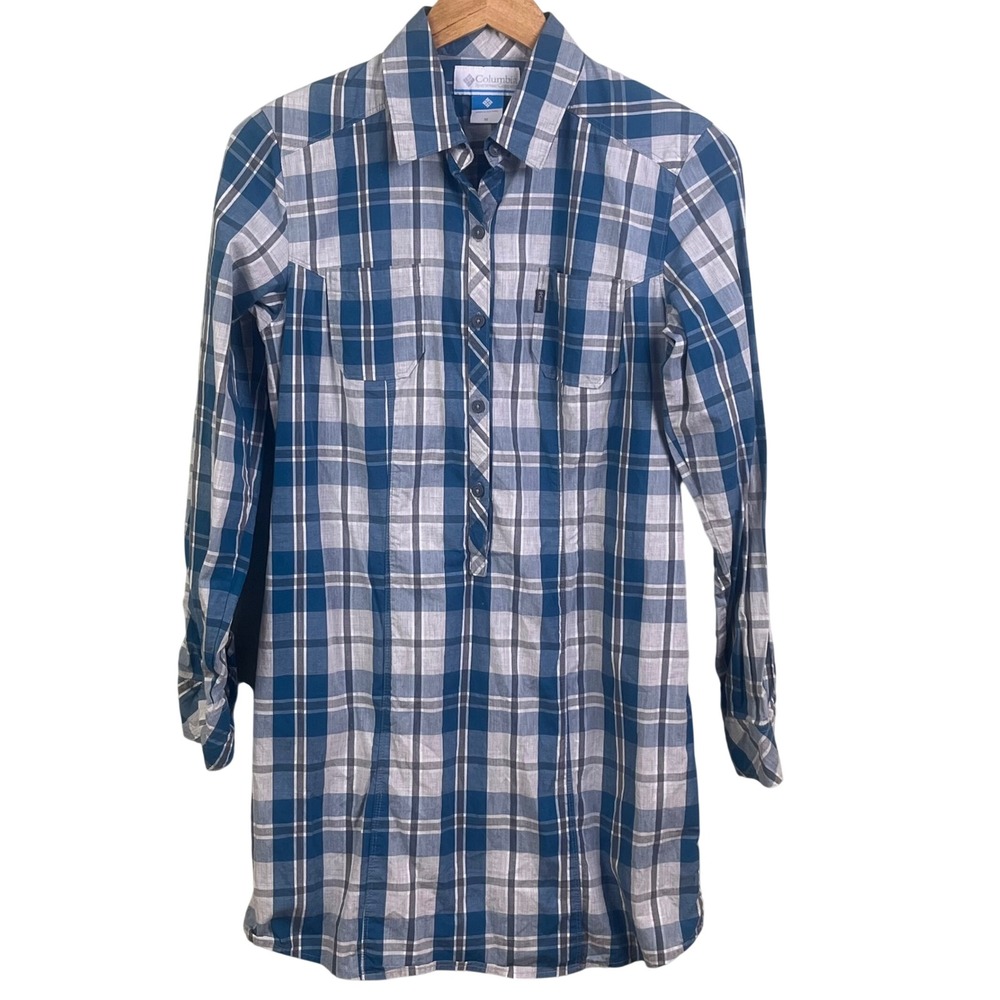 Columbia Woman's Medium Blue White Plaid Long Sleeve Shirt Dress Button Back